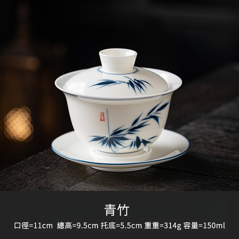 手繪羊脂玉懸停三才蓋碗