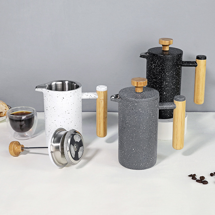 新款水墨風雙層304不銹鋼法壓壺