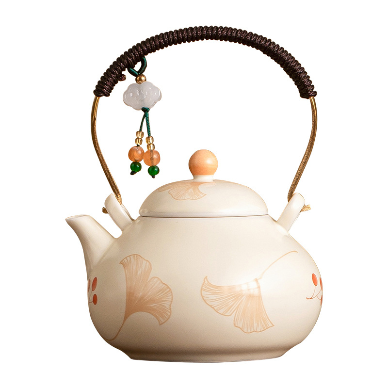 米黃銀杏綁繩提樑壺陶瓷茶壺