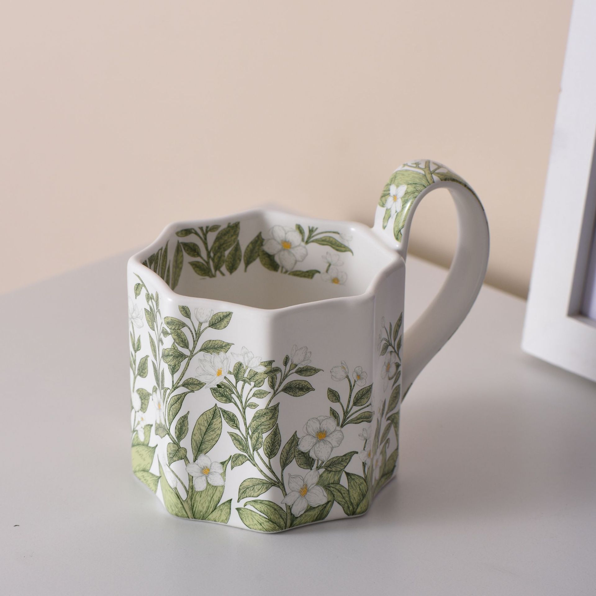 茉莉花陶瓷復古馬克八角杯