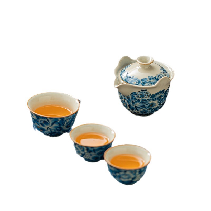 汝窑青花瓷快客杯戶外隨身一壺三杯