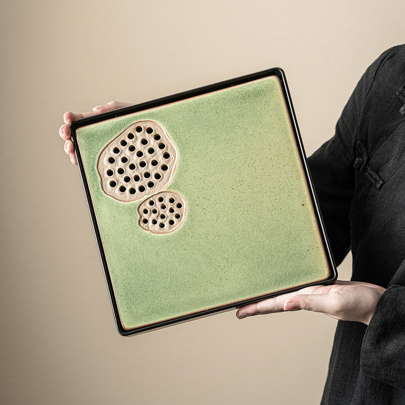 窯變星空翠綠復古茶盤