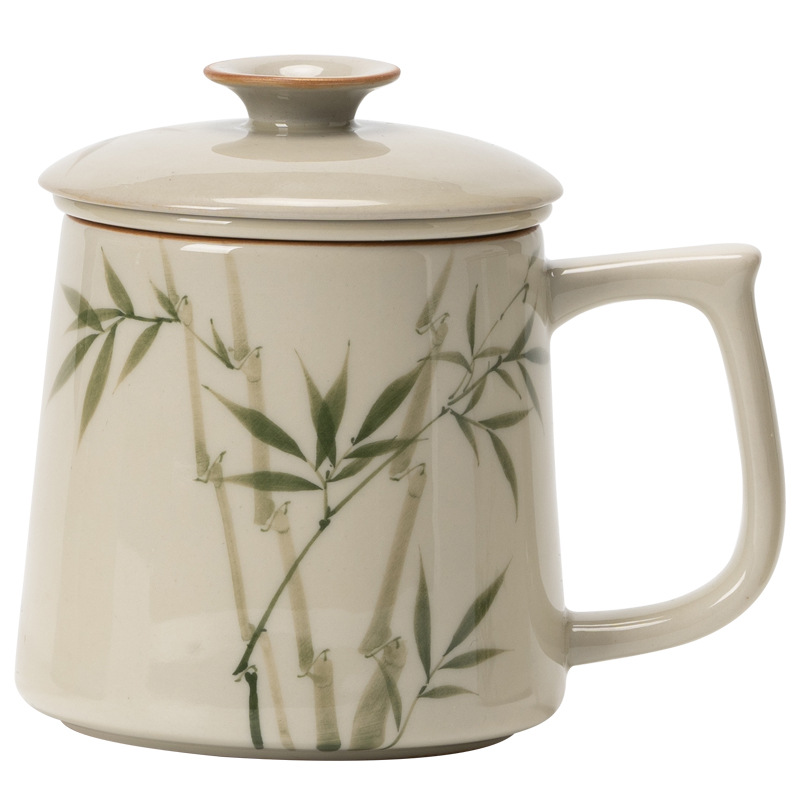 手繪翠綠文竹陶瓷辦公杯