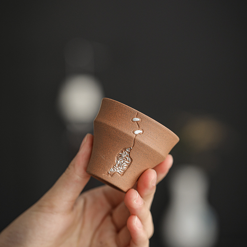 粗陶老岩泥手工鎏銀主人杯