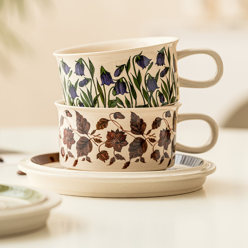 復古手繪帶碟陶瓷馬克杯