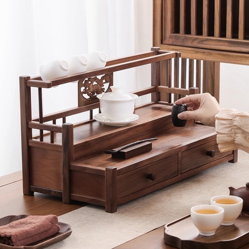 胡桃木雙層茶具收納瀝水置物架（選擇新竹配送）