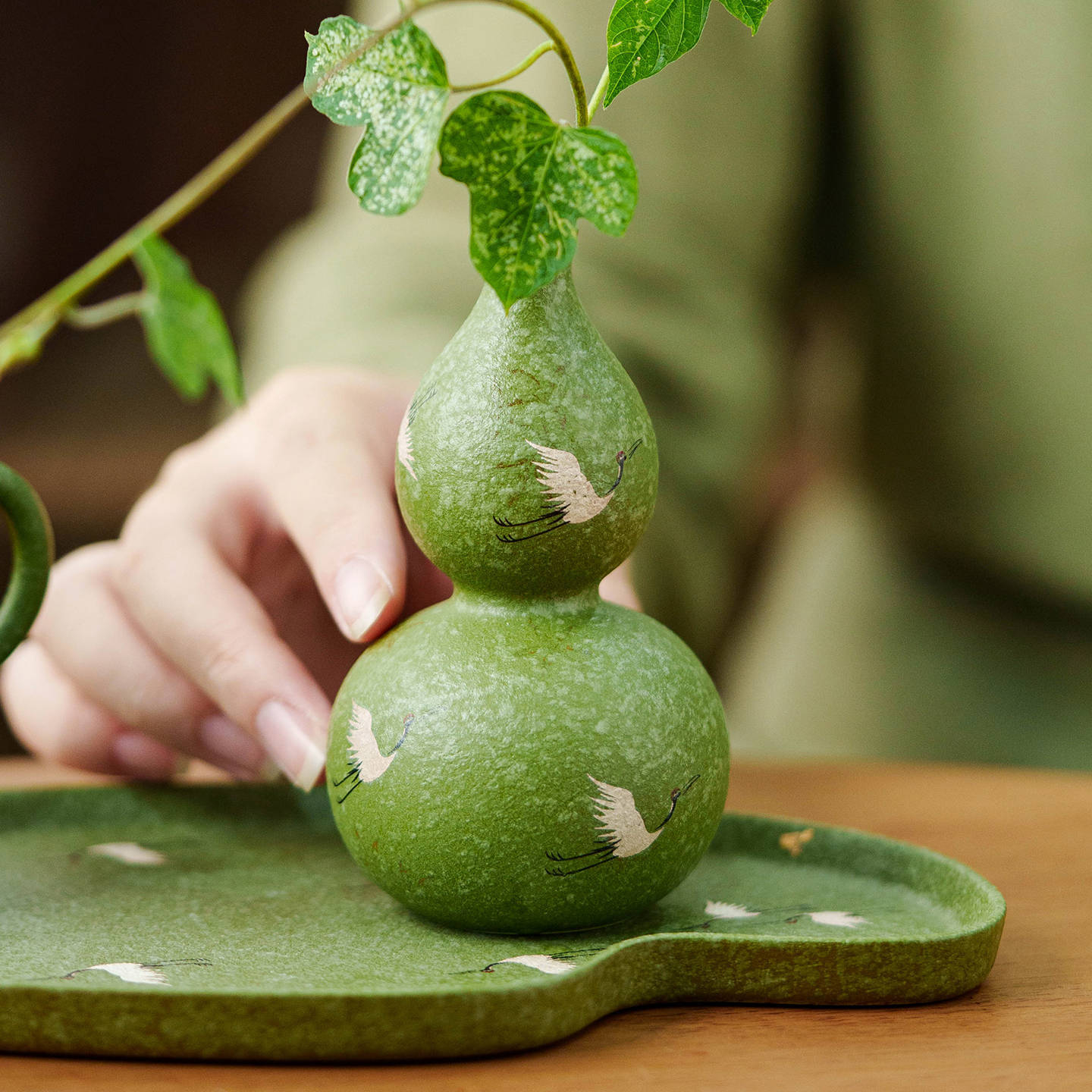 小青柑鶴舞長空陶瓷葫蘆花瓶