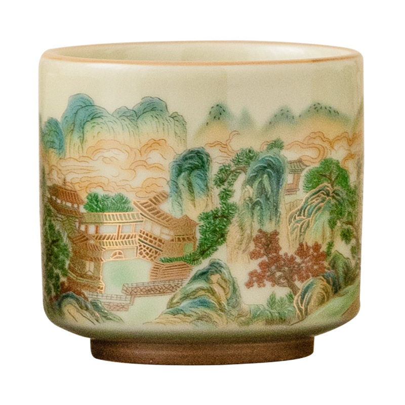 五彩山水直筒品茗杯
