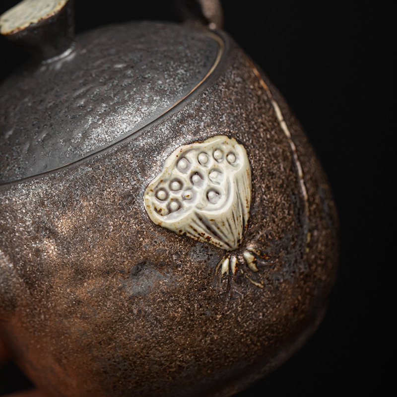 日式鎏金鐵釉禪蓮提梁壺