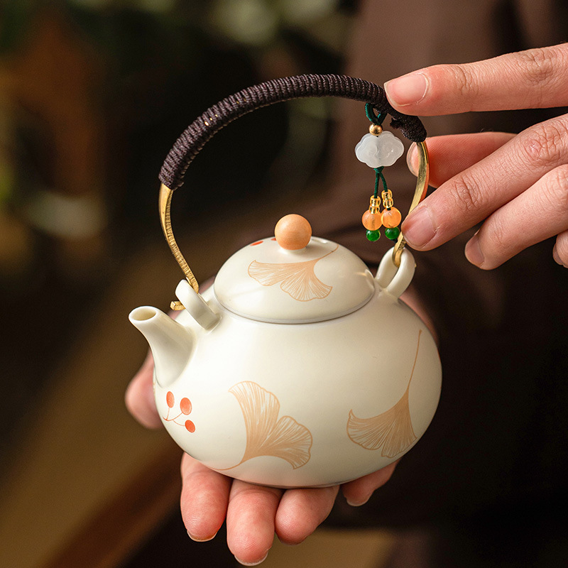 米黃銀杏綁繩提樑壺陶瓷茶壺