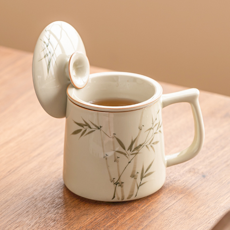 手繪翠綠文竹陶瓷辦公杯