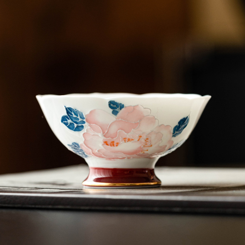 手繪描金牡丹花花邊茶杯