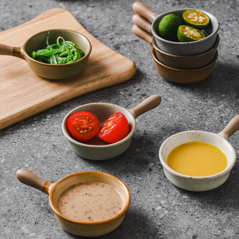 日式粗陶帶柄蘸料碟