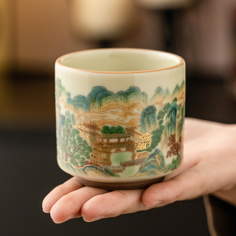 五彩山水直筒品茗杯