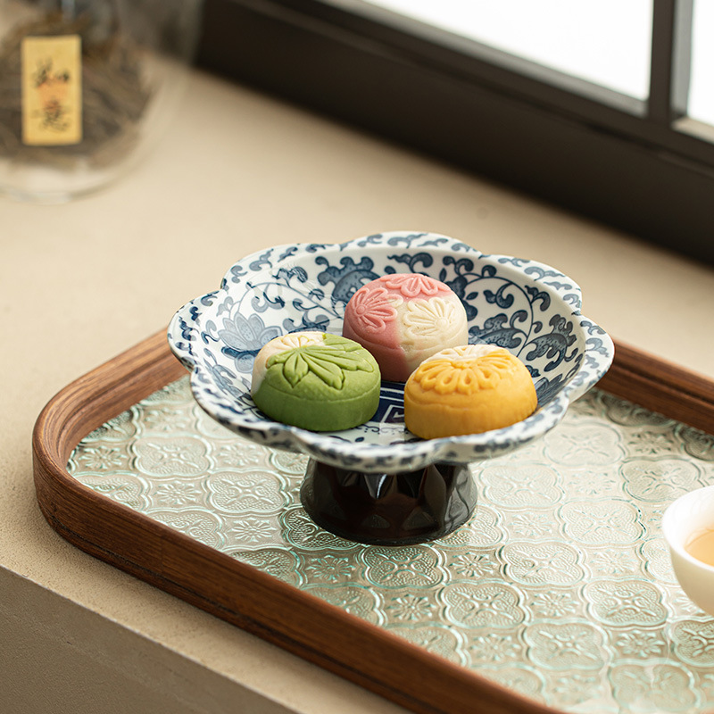 中式復古青花高腳茶點盤水果盤