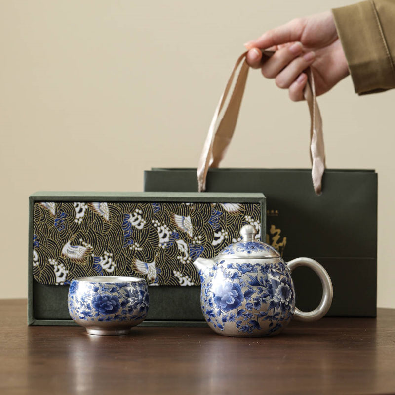 青花鎏銀纏枝蓮茶具套裝