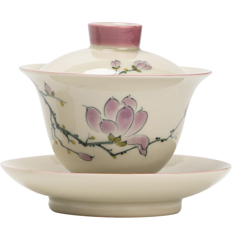 手繪玉蘭花三才蓋碗