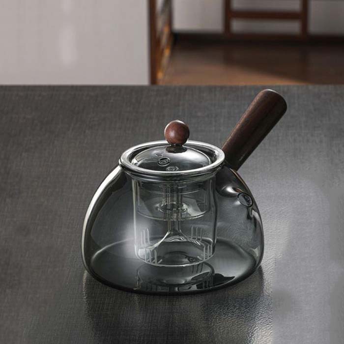 玻璃蒸煮一體木側把煮茶壺