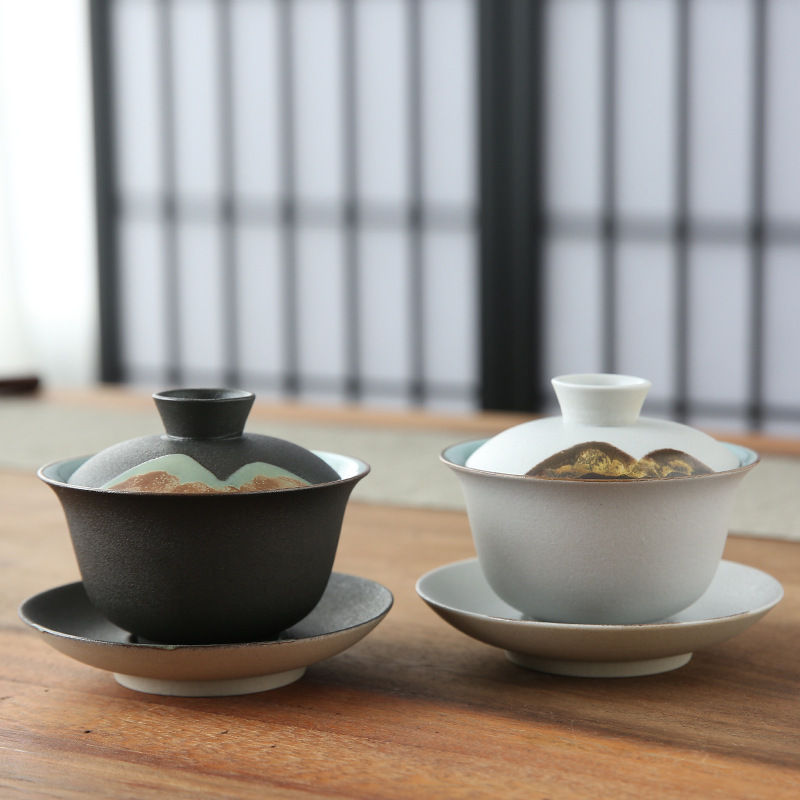 日式手繪陶瓷三才蓋碗