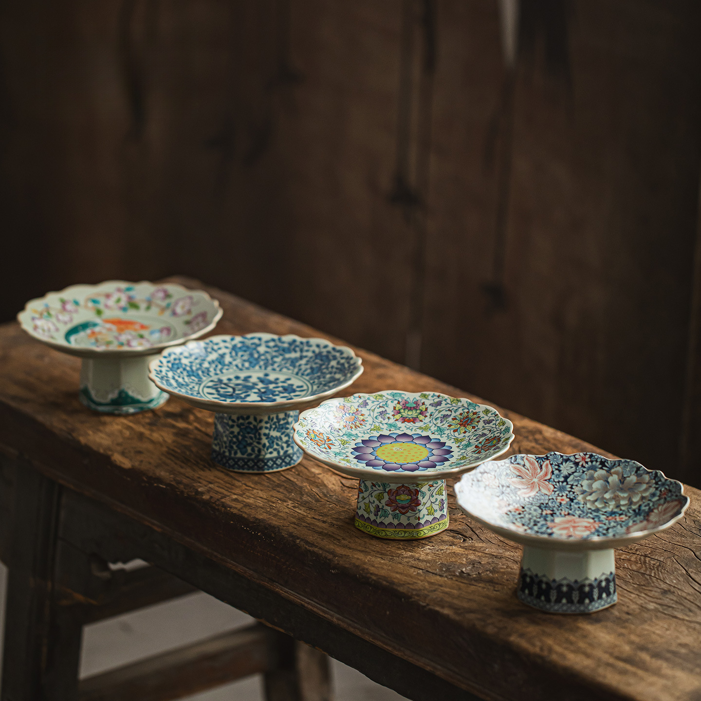 青花汝窯陶瓷高腳盤