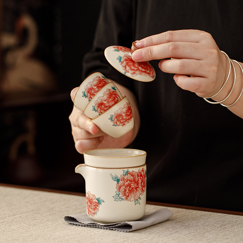 汝窯牡丹一壺三杯旅行便攜式茶具套裝