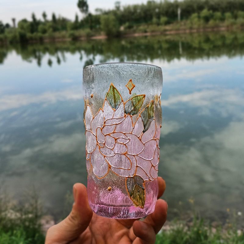 日式手繪花卉描金錘紋水晶玻璃杯