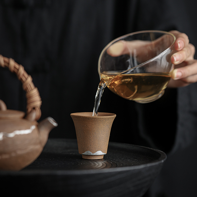 老岩泥手工復古刷銀寬口小杯