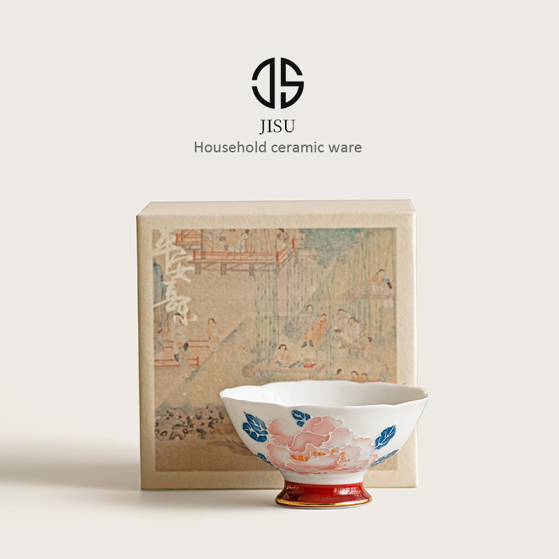 手繪描金牡丹花花邊茶杯