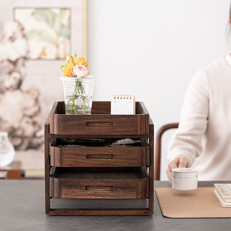 胡桃木多層抽屜式案頭收納盒