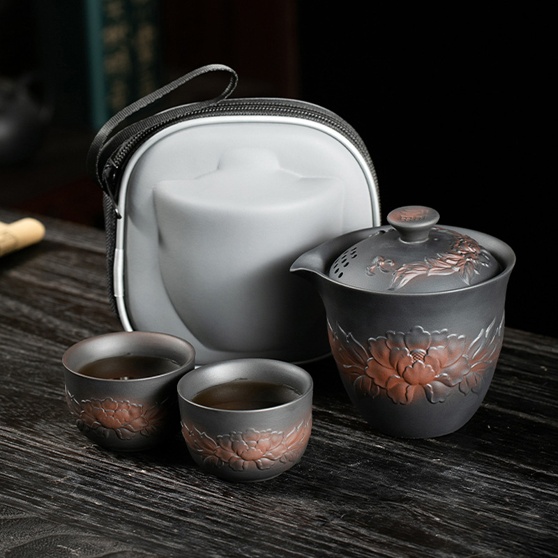 紫陶牡丹花旅行茶具