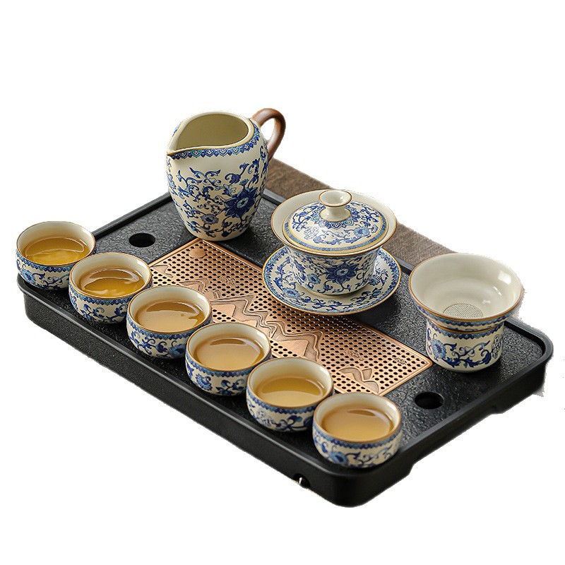 汝窯青花纏枝蓮西施壺蓋碗茶具套裝