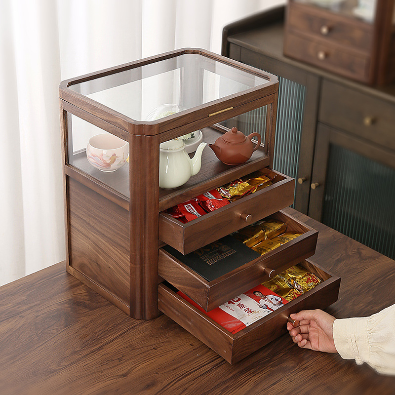 胡桃木帶蓋透明收納盒