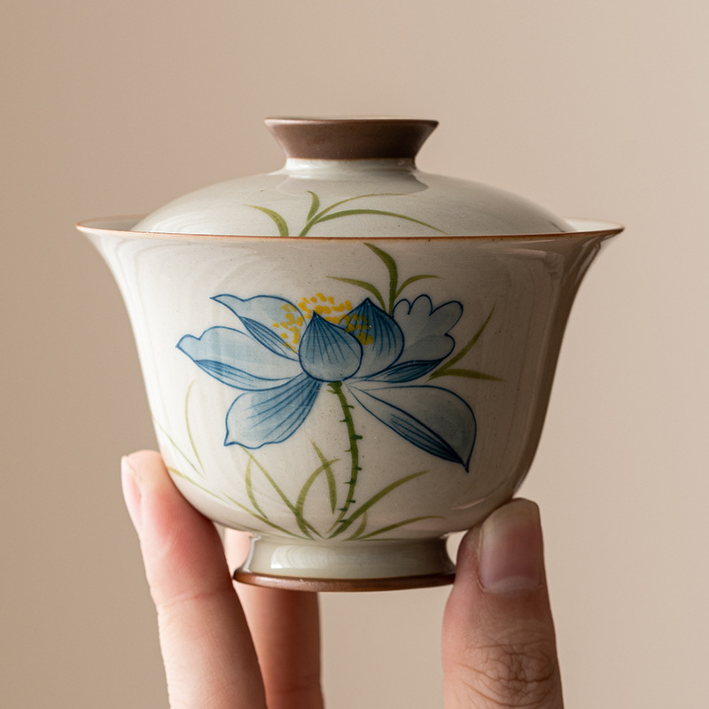 草木灰藍荷花三才蓋碗