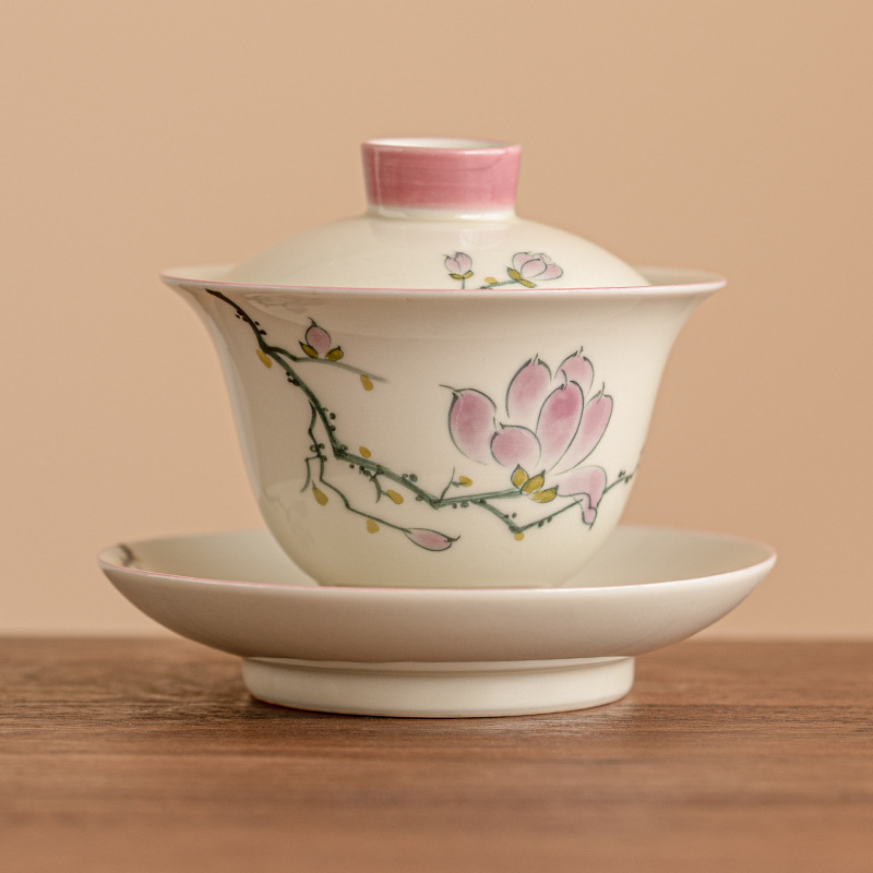 手繪玉蘭花三才蓋碗