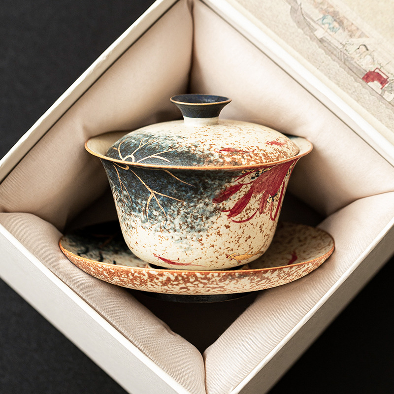 青花火石手繪荷韻錦鯉三才蓋碗