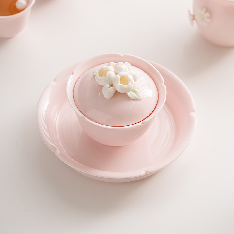 桃粉捏花三才蓋碗茶杯