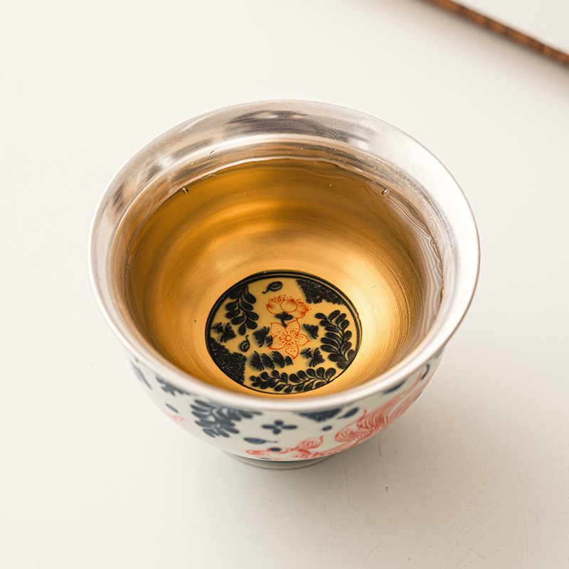 鎏銀金魚戲水茶杯