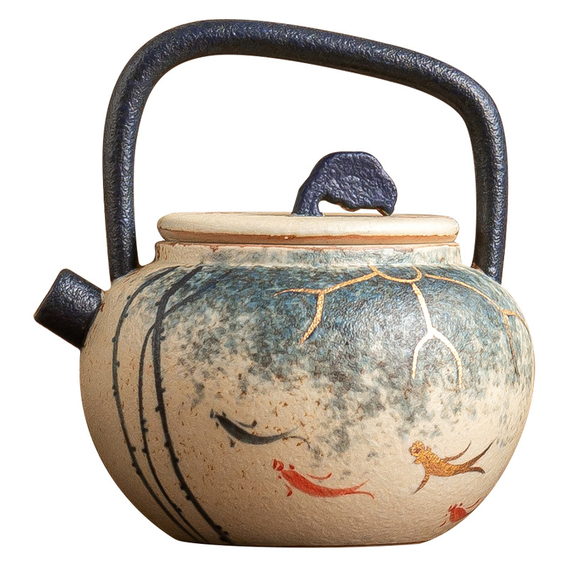 青花火石紅描金荷韻錦鯉提梁壺