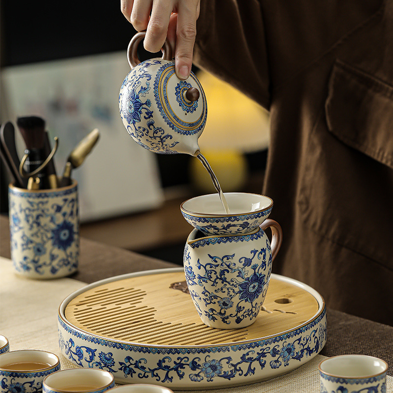 青花纏枝蓮高檔輕奢汝窯茶具套裝