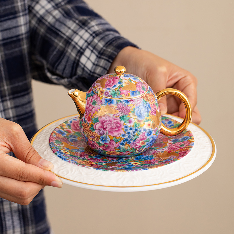 琺瑯彩芳華萬花陶瓷圓形壺承