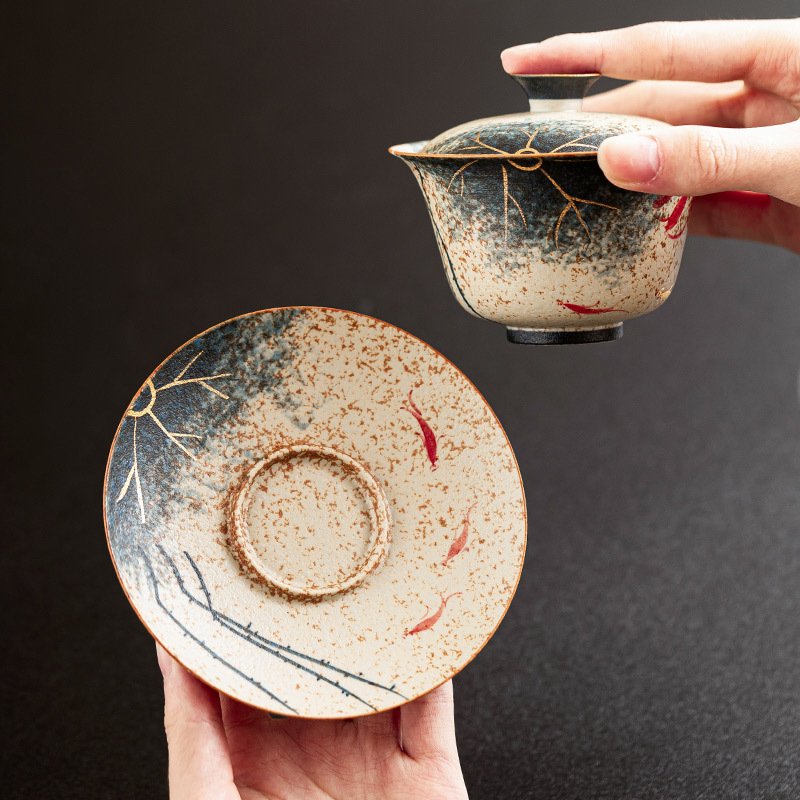 青花火石手繪荷韻錦鯉三才蓋碗