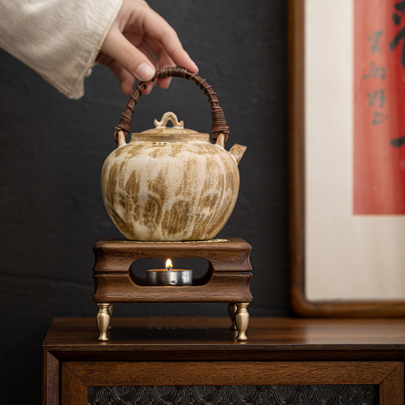 黑胡桃木銅足鼎爐溫茶爐