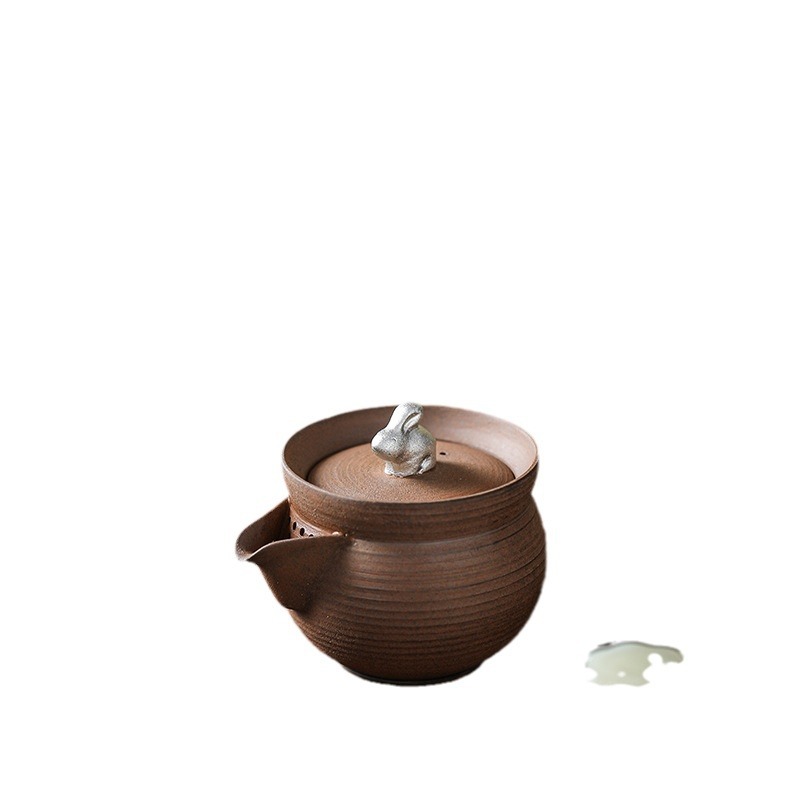 手作老岩泥鎏銀兔子手抓壺