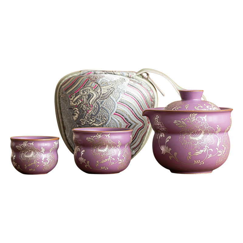 描銀牡丹旅行茶具