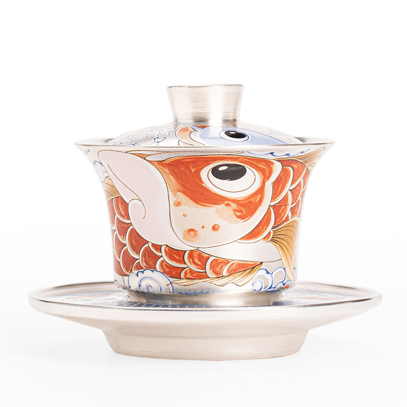 手工鎏銀祥龍納福三才蓋碗