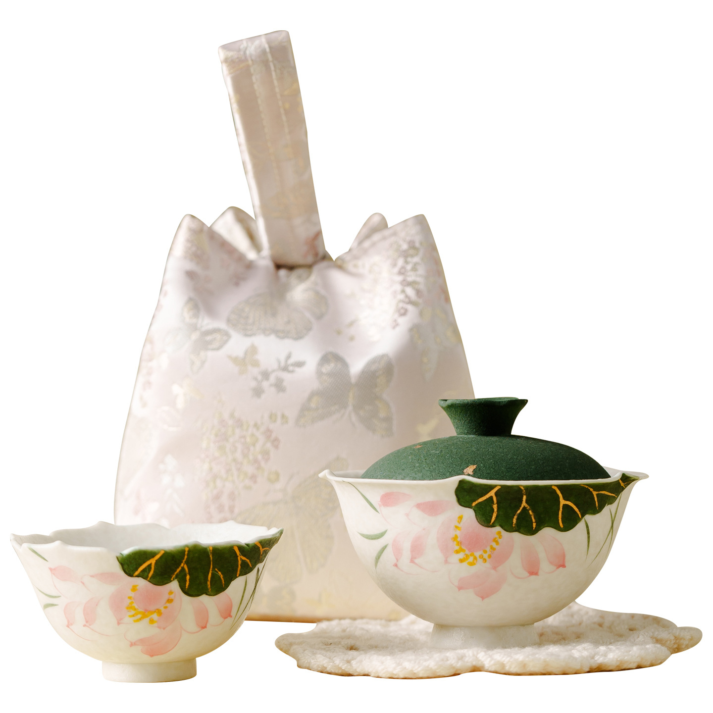 陶瓷蓋碗手繪描金錦鯉戲荷蓋碗