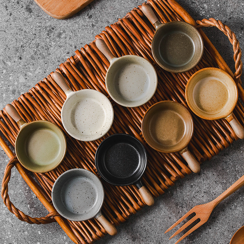 日式粗陶帶柄蘸料碟