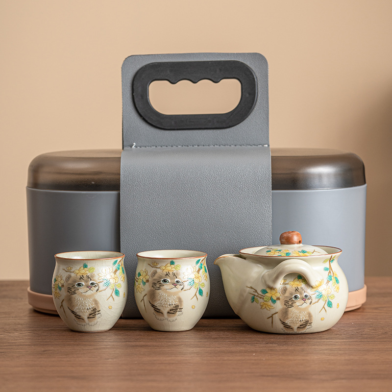 萌貓旅行茶具套裝戶外露營功夫茶手抓壺一壺二杯