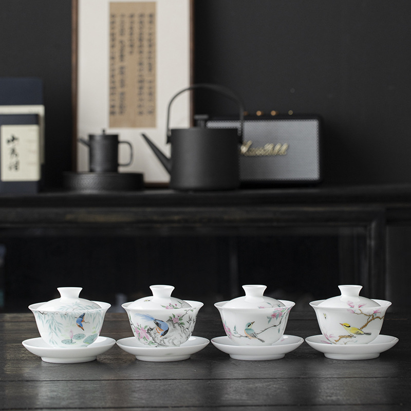 冰種陶瓷花鳥蓋碗