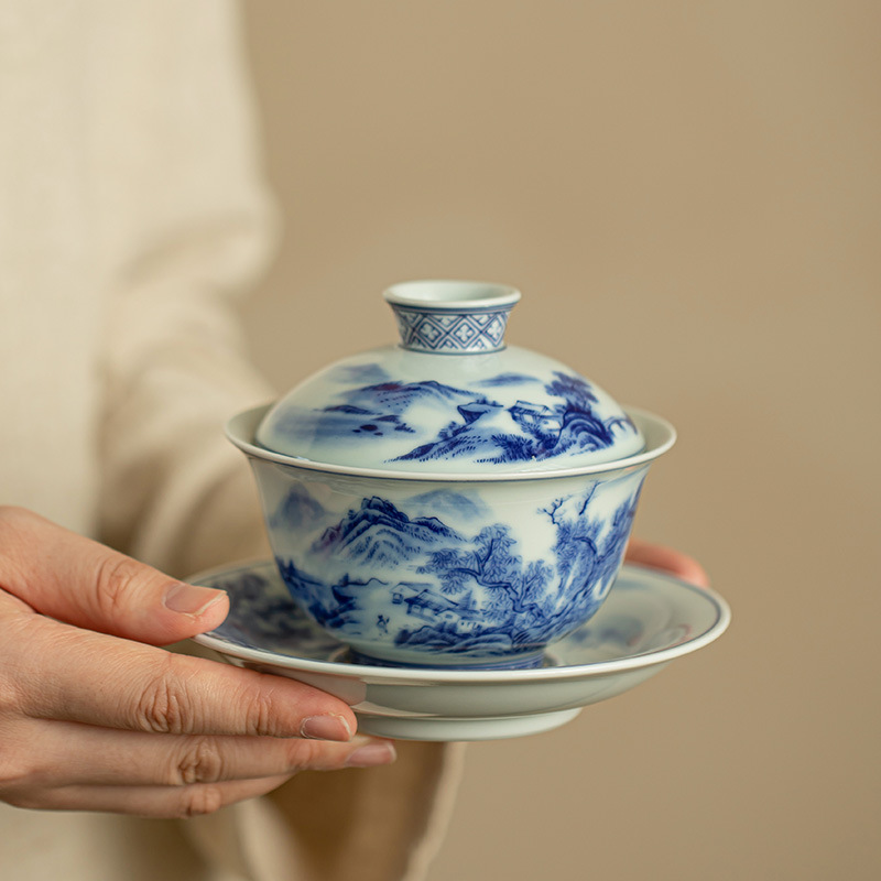 仿古青花山水三才蓋碗